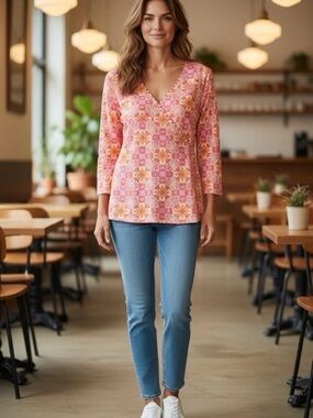 Ruby Rd. Pink & Orange V-Neck Rhinestone Accents Plus Size XXL